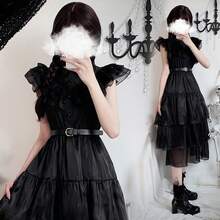 星期三亚当斯吸血鬼新娘哥特式角色扮演服装，万圣节深色迷你连衣裙