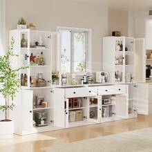 4Pcs Coffee Bar Cabinets With Microwave Stand,Coffee Bar Station With Ample Storage,2 Tall Pantry Storage Cabinets & 2 Sideboard Buffet Cabinets,Wooden Sideboard Hutch Buffet Cabinet With Shelves & Doors For Dining Room - 白色 - 查看 2