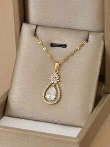 1 件时尚方晶锆石泪滴形不锈钢女士项链，1 对时尚方晶锆石泪滴形不锈钢女士耳环，防水不锈钢首饰，金色首饰，金耳环，高品质镀金首饰，秋季耳环 - 金黃色 - 查看 4