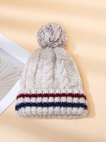 1 pièce Bonnet tricoté à pompons rayés bicolores, chapeau tricoté chaud, doublé thermique, polyvalent et pour l'hiver, pour un usage quotidien, les déplacements et les courses - bande - Voir 2