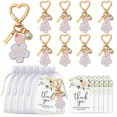 21/12pcs Heart-Shaped Keychain Set - Includes Floral Keychain, Thank You Card And Gift Bag. Dual Flower Alloy Keychain Pendant Suitable For Employees, Volunteers, Weddings, Birthdays, Retirements And More. This Is A Multifunctional Celebration Package With A Friendship Theme And Detachable Snap.