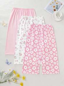3 件套女士纯色、雏菊、玫瑰花卉印花 3/4 长睡裤，柔软舒适，适合所有季节 - 淺粉色 - 查看 2