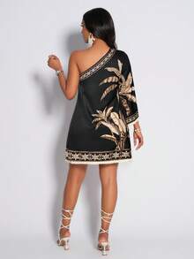 AIJ Amarilo Women's Tropical Rainforest Print Tassel Hem Casual Dress, Suitable For Daily Commute And Vacation Wear, New Spring/Summer Floral Print Dress - Black - View 2