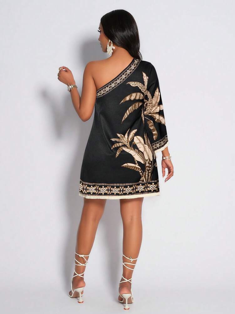 AIJ Amarilo Women's Tropical Rainforest Print Tassel Hem Casual Dress, Suitable For Daily Commute And Vacation Wear, New Spring/Summer Floral Print Dress Elegant - Black - View 2