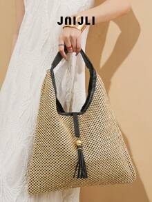 1pc Bohemian Vacation Straw Weaved Tasseled Tote Bag, Shoulder Bag, Casual Large Capacity, Versatile For Daily Commute, Fashion Casual, Tourism, Beach, Wedding - màu đen - Xem 6