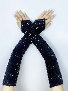 1 对闪亮亮片露指天鹅绒圣诞臂套，派对服装配饰，适合所有季节