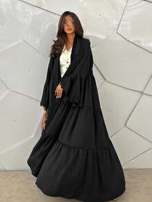 Hafizah New Fashion Flare Sleeve Solid Color Embroidered Robe With Headscarf Spring Black Fall - Black - View 2