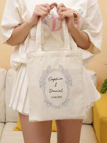 1pc Customized Canvas Tote Bag, Personalized Floral Pattern Storage Bag, Small Cloth Bag For Wedding Gift, Jewelry Storage Bag, Party Gift Packaging - Multicolor - View 2