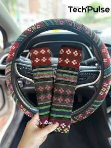 Car Steering Wheel Cover, Without Inner Ring, All-Weather Universal Safety Belt Shoulder Protector, Surface Linen Material, Anti Strangulation, Anti Slip, Anti Sweat, Anti-Aging, Wear-Resistant And Durable, Car Steering Wheel Protective Cover - Red Linen Steering Wheel Cover - View 2