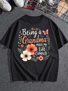 Exquisita camiseta con estampado de letras florales y mariposas para mujer, cómoda camiseta casual de manga corta con cuello redondo, adecuada para primavera y verano, artículos de moda y personalizados.Tamaño extra grande - Negro - Ver 3