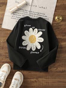 1 件女童休闲印花圆领长袖 T 恤，秋季学生年轻服装