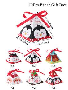 12 pièces Boîte à bonbons triangulaire de Noël, 6 styles de boîte à bonbons en papier de dessin animé avec ruban, boîte-cadeau de Noël avec Père Noël