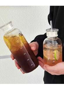 1pc Glass Water Bottle With 2 Lids, Removable Tea Strainer, Leak-Proof Seal Cap, Reusable, Easy To Clean, Portable Travel Coffee Cup, Suitable For Office Use/Travel, Birthday Gift/Mid-Autumn Festival Gift/Spring & Autumn Beverage Holder