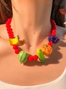 1pc Summer New Dopamine Fresh Fruit Beaded Necklace, Sweet & Hot Girl Style Accessory For Daily, Vacation, Party, Colorful Embellishment
