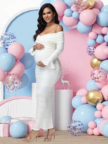 JustVH Maternity Off-Shoulder Textured Fabric Flare Sleeve Dress, Suitable For Baby Shower Party Photo Shoot - Beige - View 1