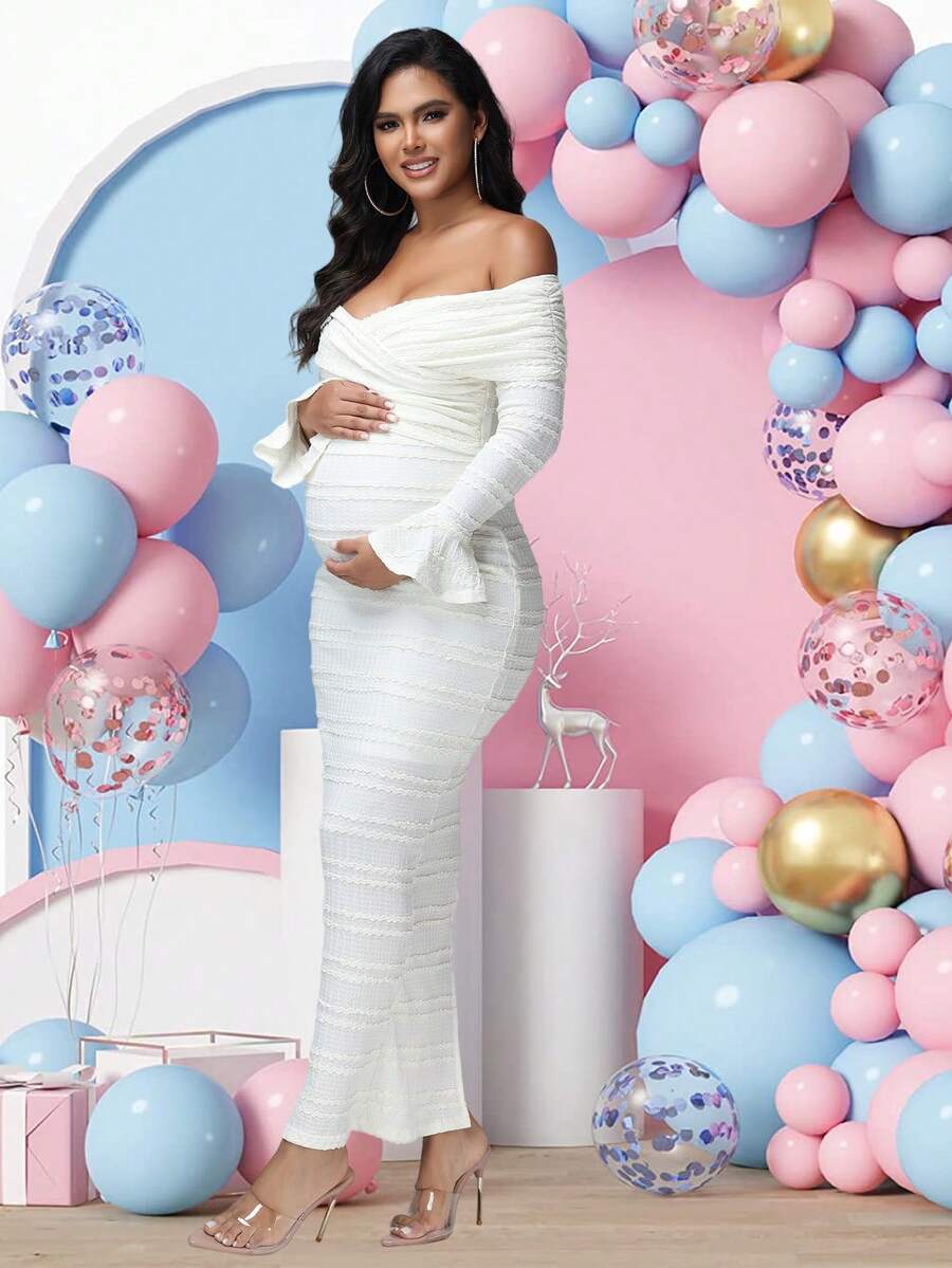 JustVH Maternity Off-Shoulder Textured Fabric Flare Sleeve Dress, Suitable For Baby Shower Party Photo Shoot - Beige - View 1