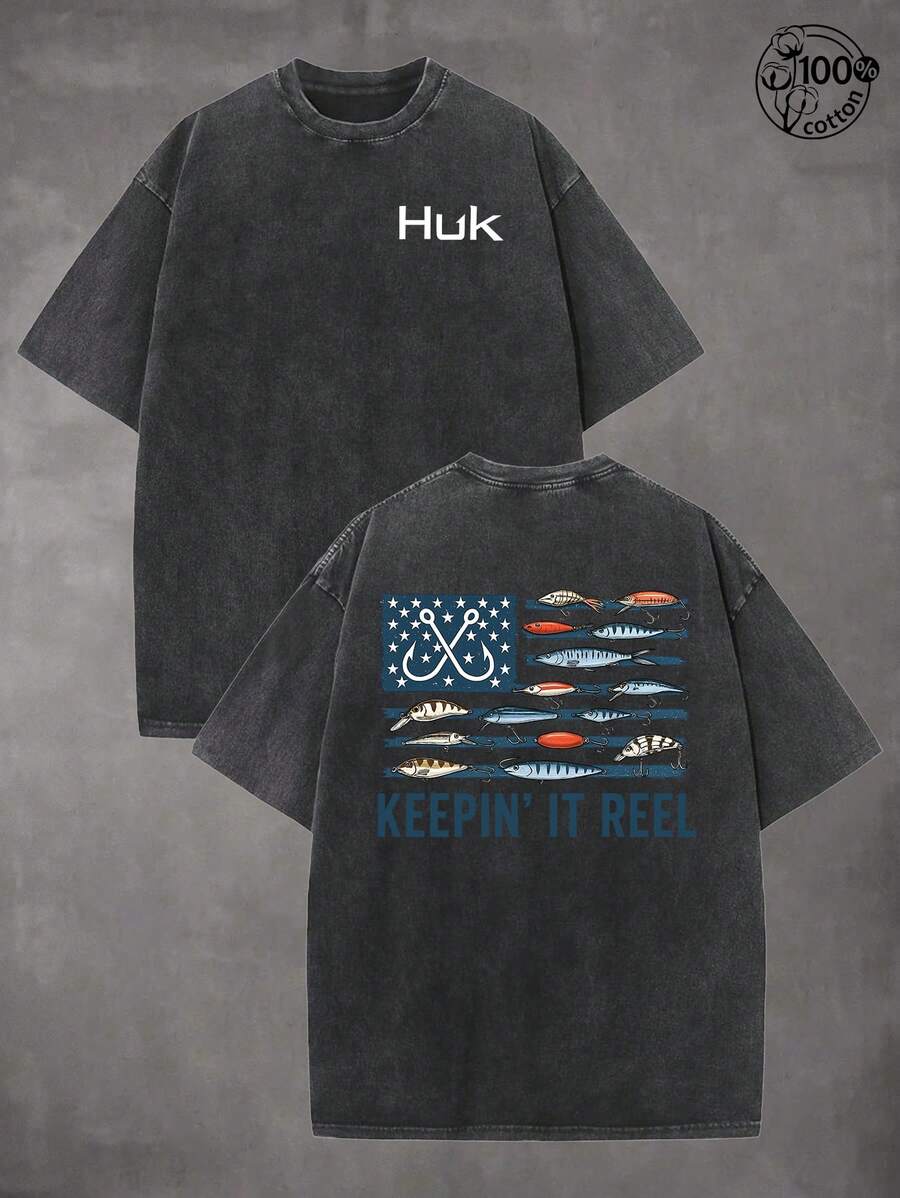 230G Wash Cotton High-Quality Cotton Printed T-Shirt, HUK, Fishing, Flag Design, Fishing T-Shirt, Fun T-Shirt, Men's Summer Round Neck Short Sleeves, Suitable For Retro Street Retro And Outdoor Sports And Leisure, Simple, Unisex, Daily Y2K Style Outfit, Fishing Enthusiast, Perfect Gift - 黑色 - 查看 1