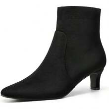 Sexy Square Toe Kitten Heel Booties For Women, Fashion Solid Color Side Zipper Ankle Boots With Faux Leather ,Comfortable Versatile Women Shoes - Da lộn đen - Xem 2