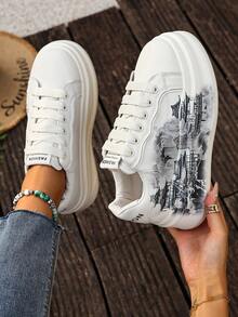 White Shoes College Style Round Toe Women's Casual Shoes Printed Flat Heel Thick Bottom Heightening Shoes Casual Sports Shoes Women's Shoes - Màu be - Xem 9