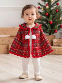 Kids Plaid Cape Adorable Ruffled Doll Collar Snowflake Pattern Cloak  Baby Shawl With Tie Closure - Orange - View 2