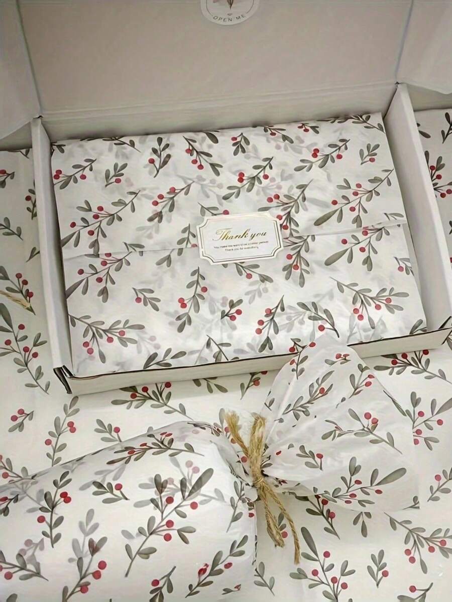 5/10/20pcs Thin Paper With Holly Seed Pattern, 20 Inches X 14 Inches Gift Wrapping Paper, Suitable For Wedding, Christmas, Birthday Gift Packaging, Bouquet Packaging, Gift Bag Filling, Party Giftsdecoration