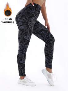 1 Pack Women's Thermal Lined Floral Print Leggings, Black Base, Stretchy Skinny Pants, Elegant & Casual, Suitable For Home, Workout, Yoga, Fitness, Outdoor Activities, Soft & Comfortable, Autumn/Winter