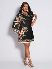 AIJ Amarilo Women's Tropical Rainforest Print Tassel Hem Casual Dress, Suitable For Daily Commute And Vacation Wear, New Spring/Summer Floral Print Dress - Black - View 6