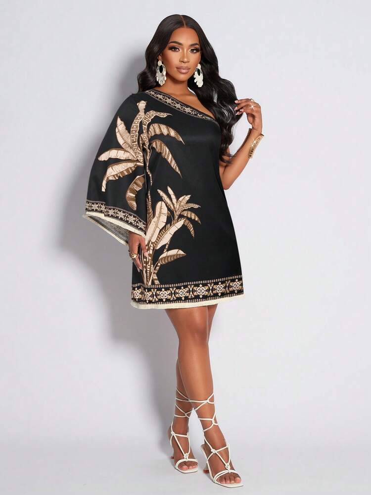 AIJ Amarilo Women's Tropical Rainforest Print Tassel Hem Casual Dress, Suitable For Daily Commute And Vacation Wear, New Spring/Summer Floral Print Dress Elegant - Black - View 6