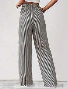 Wide Leg Striped Elastic Palazzo Pants With Pockets - Black - View 2