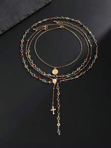 4pcs Set Retro Luxurious Colorful Crystal Y-Necklace, Men's Punk Metal Jesus Cross Pendant Long Necklace Set - Four-piece Necklace Set - View 9