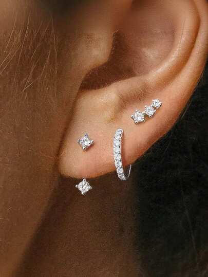 6pcs Copper Cubic Zirconia Hoop Earrings Set, Suitable For Women, Couples, Sisters, Vacation, Dates, Daily Wear