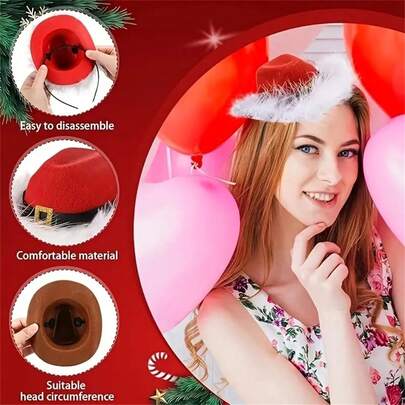 1pc Red Women's Mini Cowboy Santa Hat Headband With Faux Fur Trim & Adjustable Elastic Band - Lightweight Red & White Christmas Party Costume Accessory For Masquerade, Holiday Events, Christmas Hats, Masquerade Accessory, Jacquard Texture