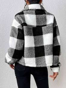 Chaqueta casual con bolsillo con solapa y peluda, para otoño/invierno - Negro - Ver 2