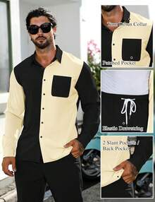 Mens 2 Piece Color Block Outfits Casual Long Sleeve Color Block Shirts And Pants Matching Set Sweatsuit-2025 - 棕色 - 查看 3