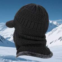 1pc Men's Winter Knit Hat, Thermal Lined Thick Beanie, Scarf Attached Earflap Hat, Unisex Balaclava, Suitable For Outdoor Cycling And Daily Wear & Outfit Matching