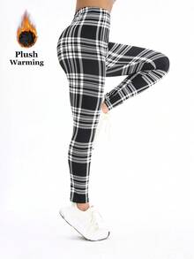 1 Pack Women's Plaid Thermal Lined Leggings, Black & White, Elastic Skinny Pants, European & American Fashion, Casual & Elegant, Slimming, Warm & Comfortable For Home, Yoga, Fitness, Outdoor, Casual Wear, Gifts