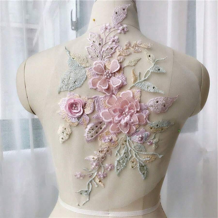 1pc Pink & Blue 3D Floral Embroidered Patch, Beaded Sewing Accessory For DIY Clothing Decoration - Multicolor - View 1