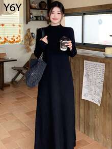 [Y6Y] 女士长袖高领针织毛衣连衣裙，高弹黑色长裙，适合秋冬季作为内搭，可搭配外套和毛衣穿着 - 黑色 - 查看 2