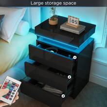 OYAJIA Hochglanz Nachttisch mit LED Beleuchtung Moderner Nachtschrank Nachtkommode mit 3 Schubladen & Flip Cover für Wohnzimmer Schlafzimmer Schwarz Beistelltisch 45x35x67cm - Schwarz - Übersicht 5