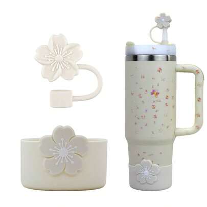SUGAW 2pcs Crabapple Flower Water Cup Accessories Set, 1pc Crabapple Flower Straw Cap (Fits 10mm/0.39inch), 1pc Crabapple Flower Cup Sleeve, Dust-Proof, Wear-Resistant, Beautiful And Fashionable, Portable Water Bottle Accessories, Compatible With Stanley, Suitable For Sports, Fitness, Hiking, Office, School, Christmas, Halloween, Valentine's Day Gifts