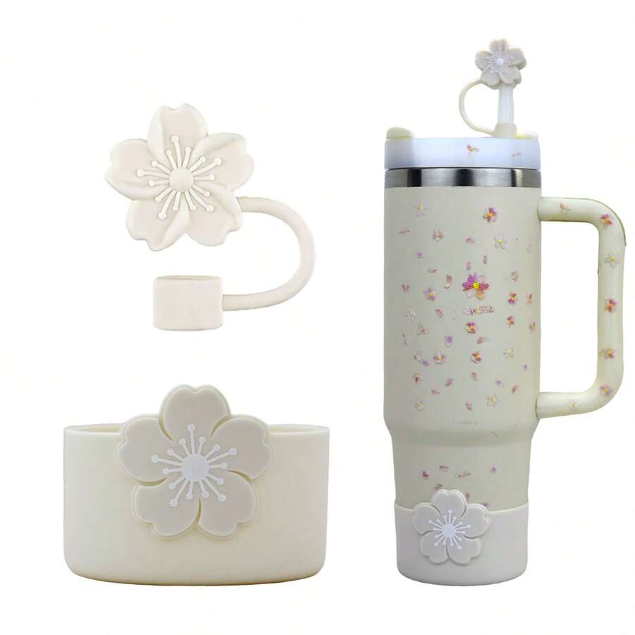 SUGAW 2 pezzi Set accessori tazza d'acqua con fiori di melo selvatico, 1 pezzo Coperchio cannuccia con fiori di melo selvatico (adatto a 10mm/0,39 pollici), 1 pezzo Manicotto tazza con fiori di melo selvatico, anti-polvere, resistente all'usura, bello e alla moda, accessori per borraccia portatili, compatibili con , adatti per sport, fitness, escursionismo, ufficio, scuola, regali di Natale, Ognissanti, San Valentino