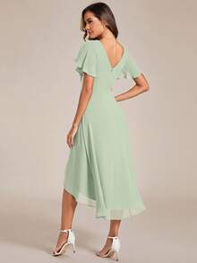 Women's Ruffle V-Neck Asymmetric Hem Mid-Length Dress With Puff Sleeves, Suitable For Wedding Guest Attire - Mint Green - View 3