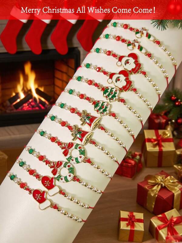 1/6/12pcs 3D Christmas Bracelet Set, Handmade Woven Bracelet Jewelry Set, Christmas Gifts With Santa Claus, Christmas Tree, Wreath, Candy Cane, Gloves, Bells, Snowflakes, Bows And Other Christmas Elements, Women Layered Bracelets, Bracelet Pendants, Adjustable Beaded Bracelets, Y2K Bracelets