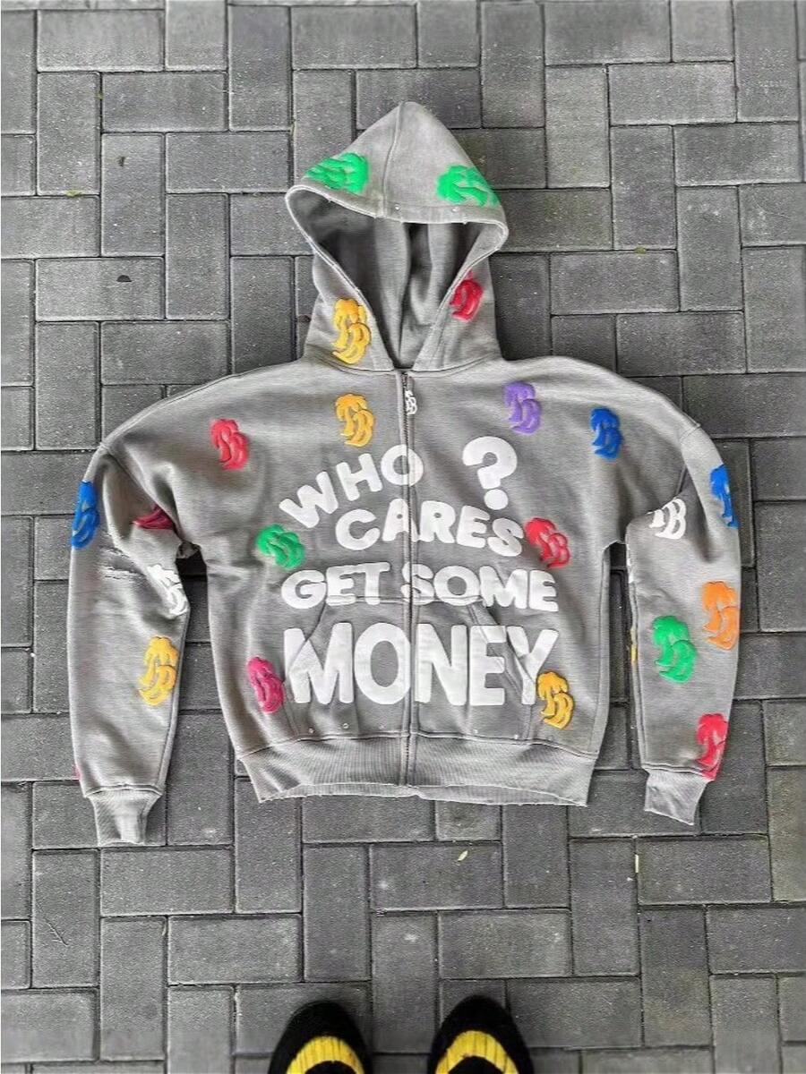 Y2K American Print Oversized Hoodie Jacket – Zip-Up, Retro Vibe, Ultra Comfortable - KTT01-xám - Xem 1