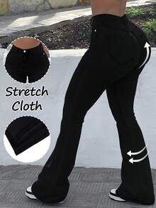 GILIPUR New Y2K Bootcut Women Jeans Black High Slim Fit Waist Stretch Casual Elegant Vintage Simple Streetwear 2000s Style Fall And Winter Clothes Outfits Old Money Vintage Clothes Going Out,Winter Christmas And Thanksgiving For New Year - 黑色 - 查看 1