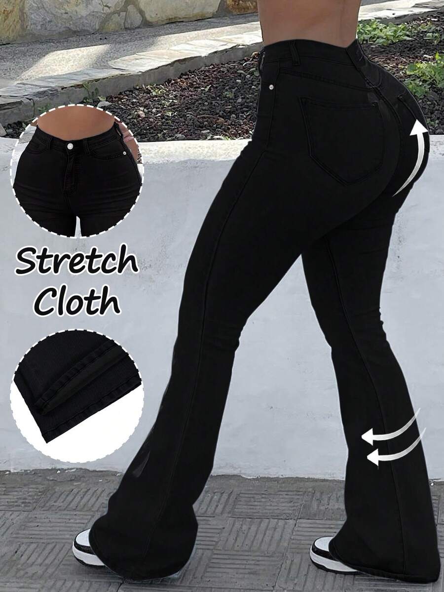 GILIPUR New Y2K Bootcut Women Jeans Black High Slim Fit Waist Stretch Casual Elegant Vintage Simple Streetwear 2000s Style Fall And Winter Clothes Outfits Old Money Vintage Clothes Going Out,Winter Christmas And Thanksgiving For New Year - 黑色 - 查看 1