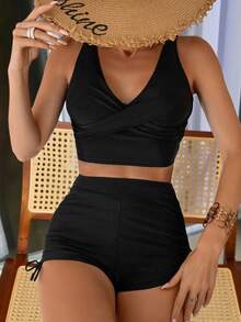 Conjunto De Tankini De Espalda Cruzada Descubierta De Unicolor, Para Playa En Verano,Bikini,Traje De Baño 2 Piezas,Trajes De Baño Mujer Dos Piezas,Trajes De Baño Mujer - Negro - Ver 2