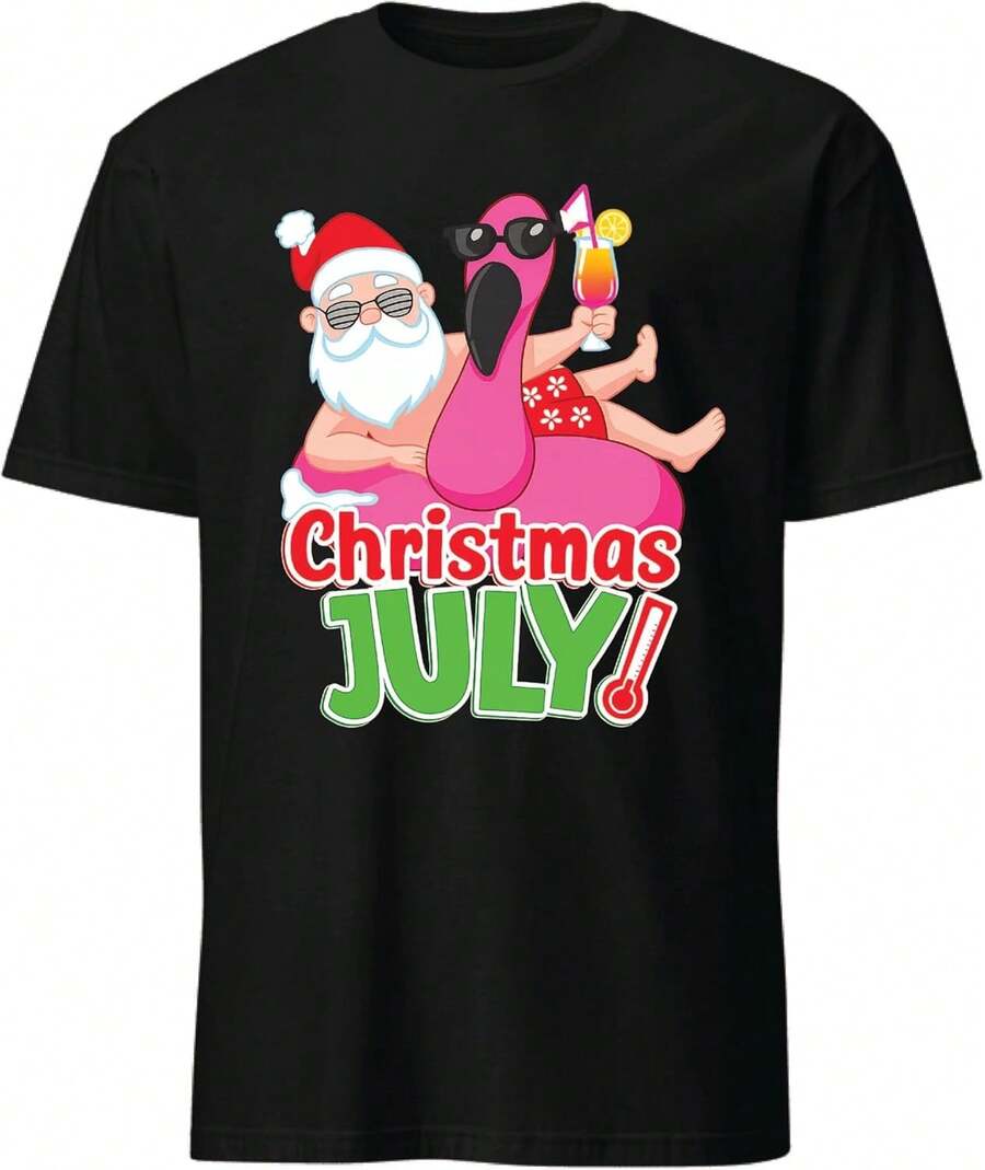 Funny Christmas In July Shirt Summer Flamingo Float Xmas Tee For Men, Women & Kids T-Shirt - 黑色 - 查看 1