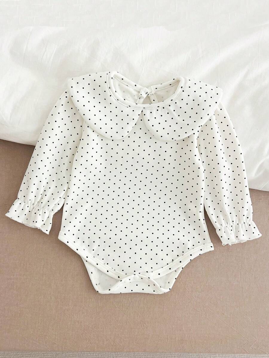 Baby Girl Polka Dot Print Cute Peter Pan Collar Long Sleeve Bodysuit