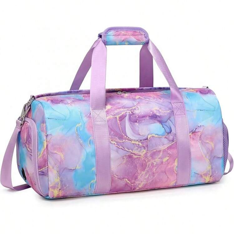 Dafelile Bolsa de lona deportiva para niñas, bolsa de baile para adolescentes, bolsa de viaje para llevar a cabo el fin de semana para pasar la noche, bolsa de gimnasio, bolsa de ballet de viaje con - Morado mármol - Añade 5